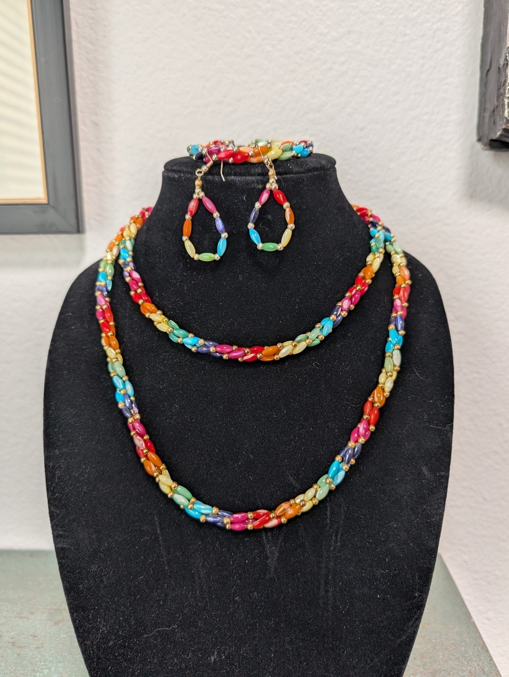 Braided Twist Colored Rainbow Mother of Pearl Necklaces, Earrings Bracelet Set